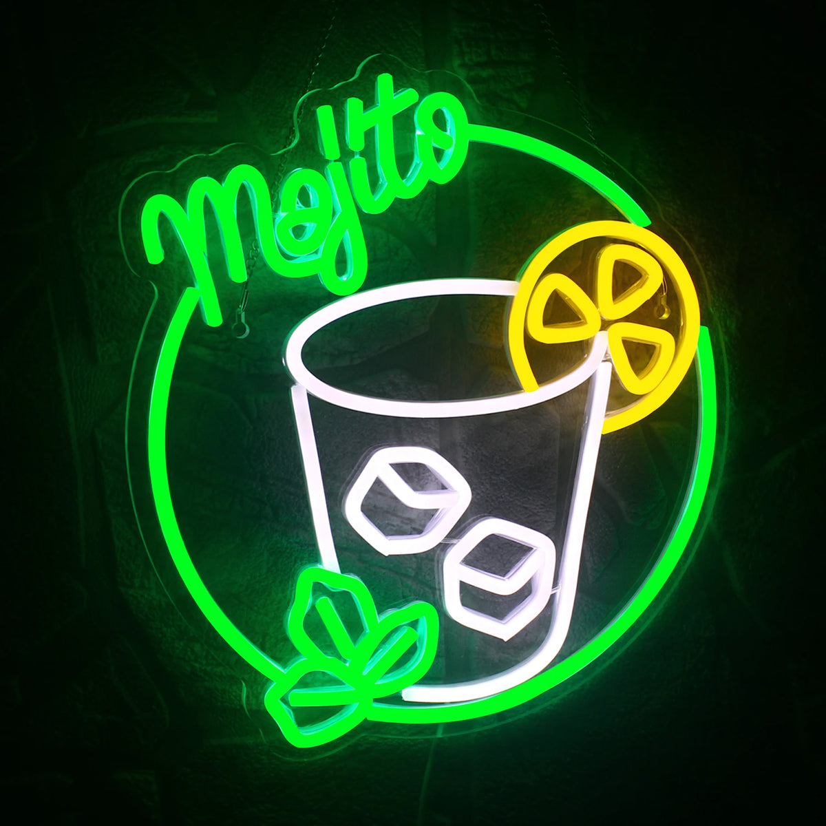 Mojito – Cocktaillasi, sitrus ja minttu – LED-neonvalomainos (5 V USB)
