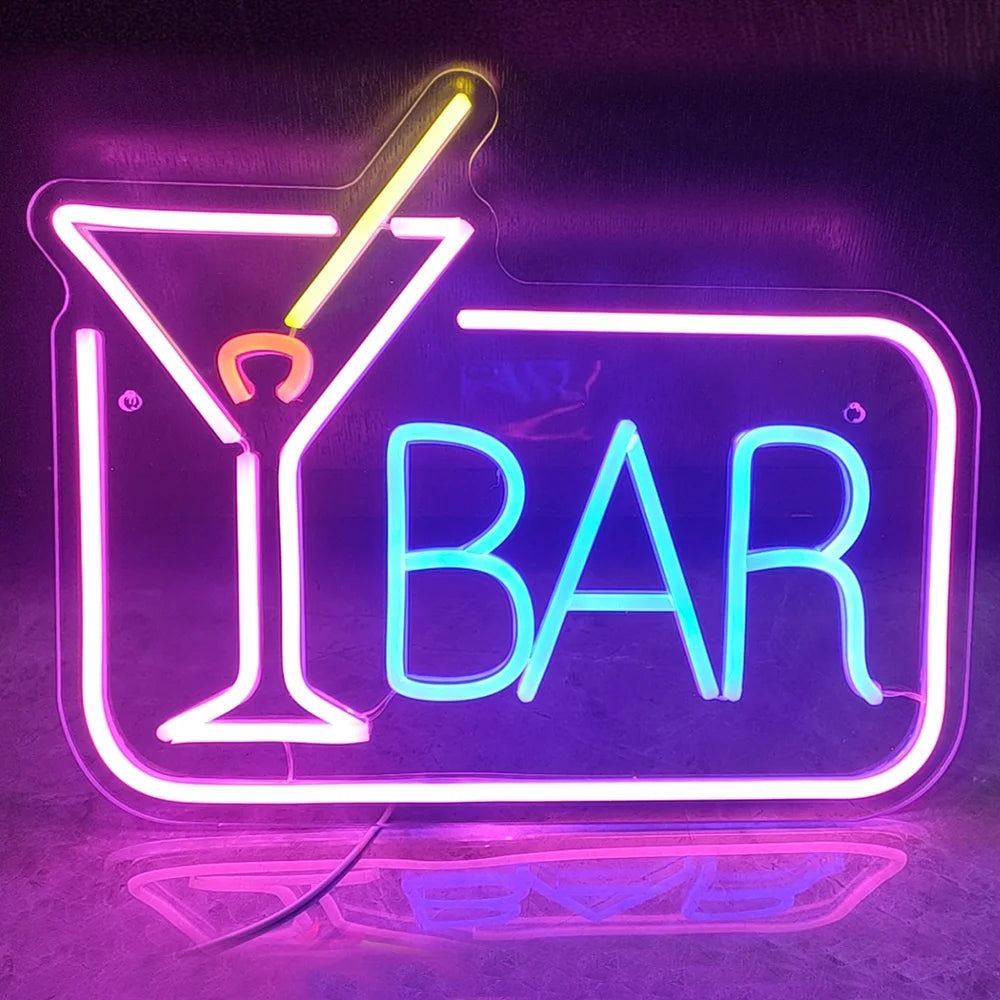 BAR – Cocktaillasi ja suorakaiteen muotoinen reunus – LED-neonvalomainos (5 V USB)