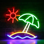Kuvassa on eloisa LED-valokyltti, jossa on sana "Beach Sun.