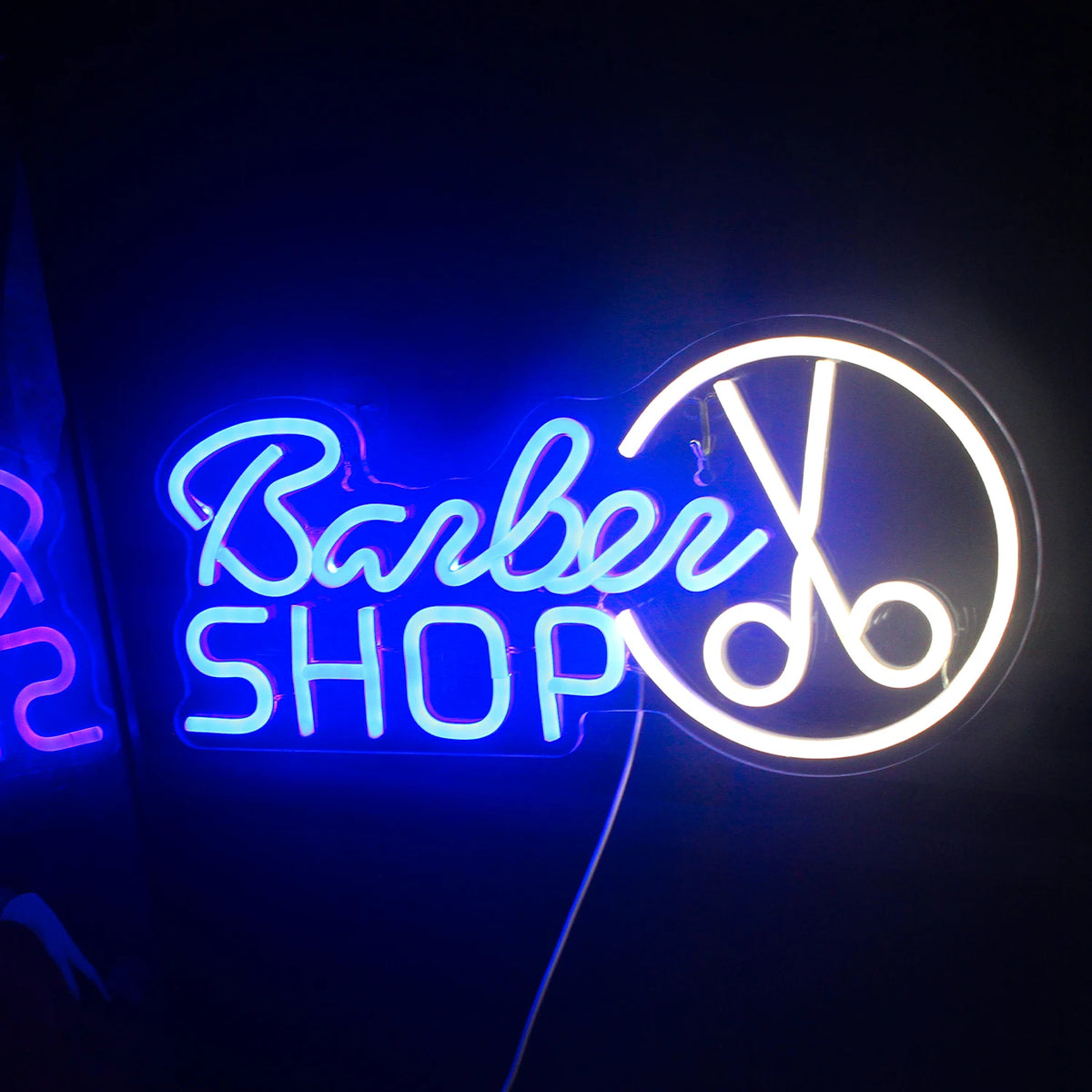 Barber SHOP – Sakset pyöreässä kehyksessä – LED-neonvalomainos (5 V USB)
