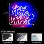 SAVE Water DRINK Wine – Viinilasi ja pisarat – LED-neonvalomainos (5 V USB)