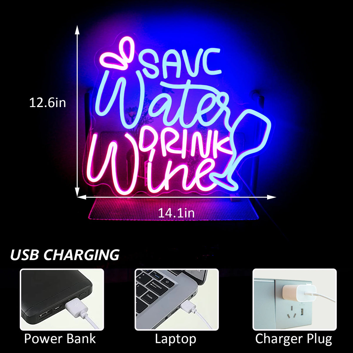 SAVE Water DRINK Wine – Viinilasi ja pisarat – LED-neonvalomainos (5 V USB)
