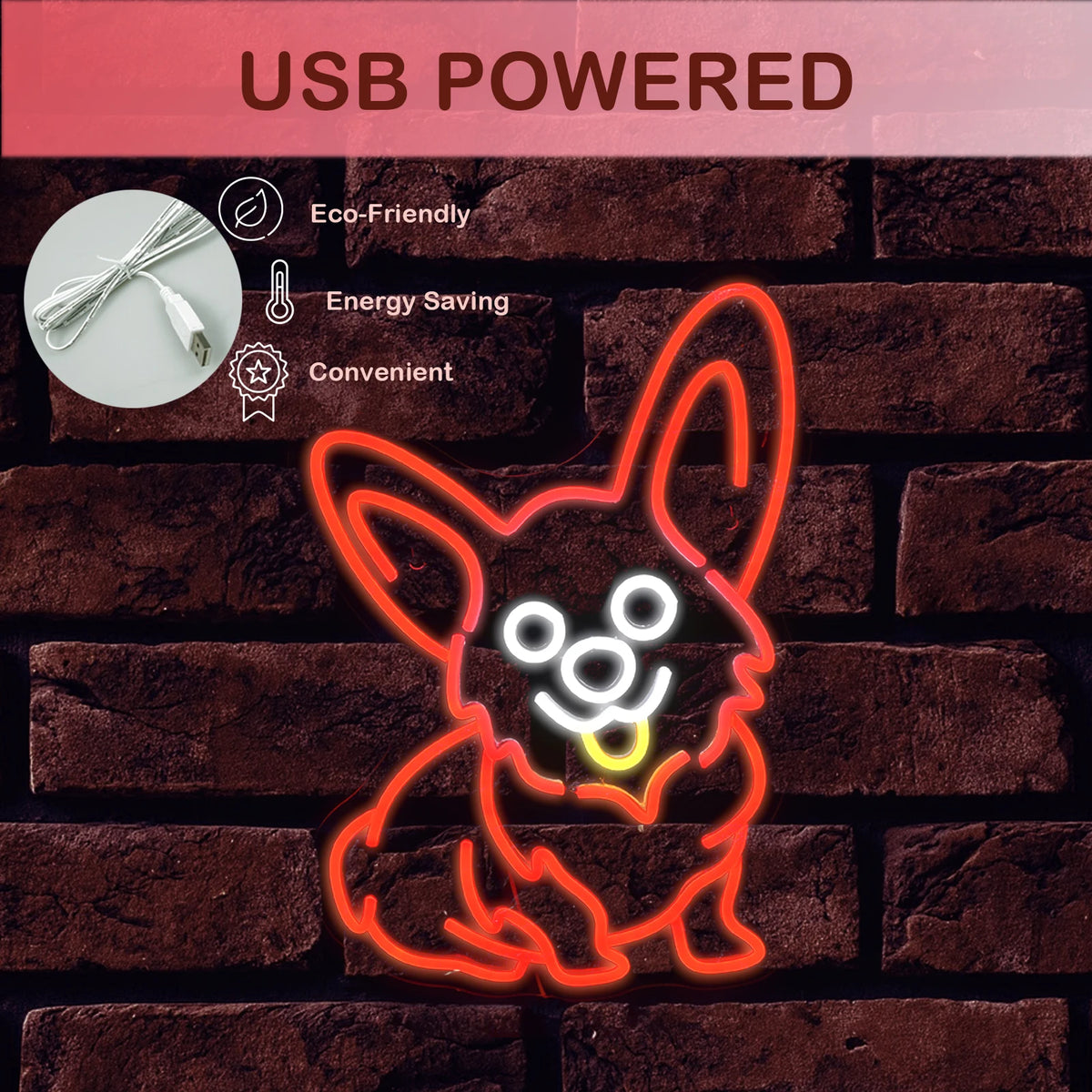 Punainen corgi – LED-neonkyltti (5 V USB)