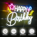 HAPPY Birthday – Tähti ja värikkäät symbolit – LED-neonkyltti (5 V USB)