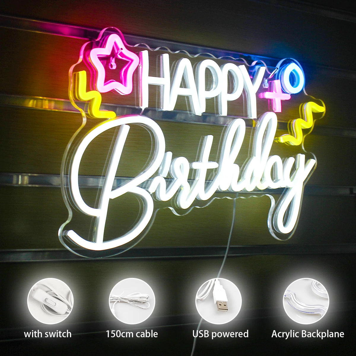 HAPPY Birthday – Tähti ja värikkäät symbolit – LED-neonkyltti (5 V USB)