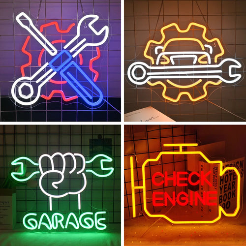 En levande LED-neonskylt som läser "Garage" med djärva, eleganta bokstäver upplyst i ett starkt vitt ljus.