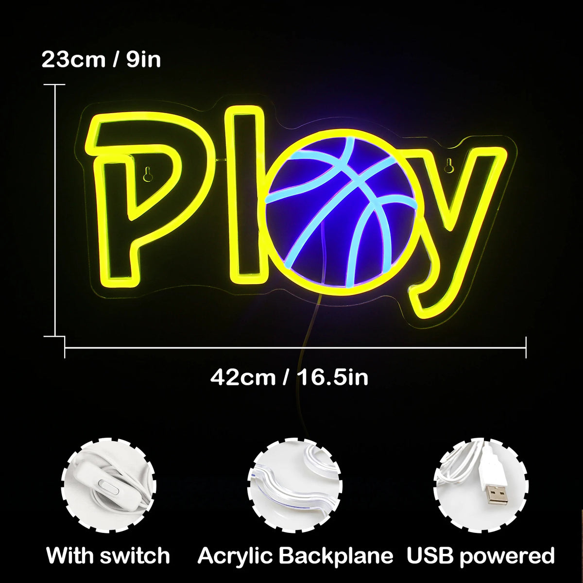 Play – Koripallo A-kirjaimen tilalla – LED-neonkyltti (5 V USB)