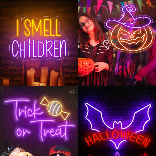 Kuvassa on eloisa LED-valokyltti, jossa lukee "Trick or Treat" leikkisillä, tyylitellyillä kirjaimilla.