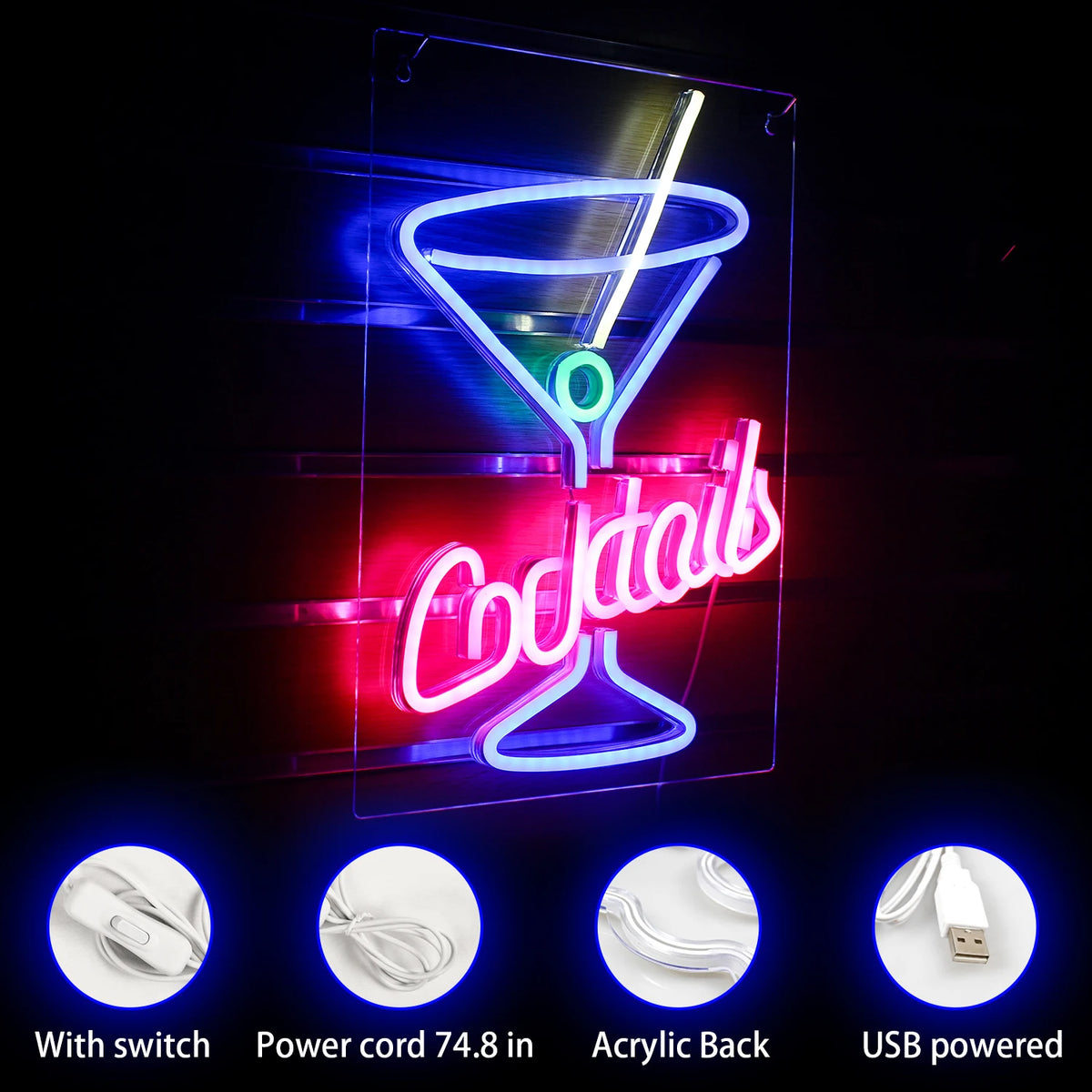 Cocktails – Martini-lasi – LED-neonvalomainos (5 V USB)