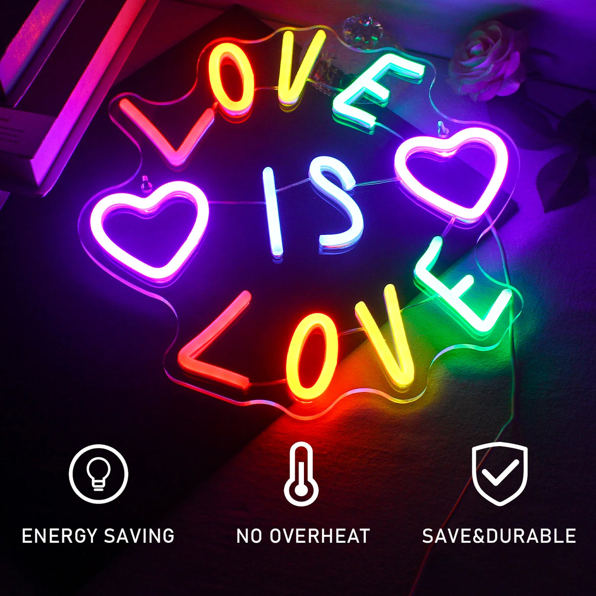 LOVE IS LOVE – Sydämet ja värikkäät kirjaimet – LED-neonkyltti (5 V USB)