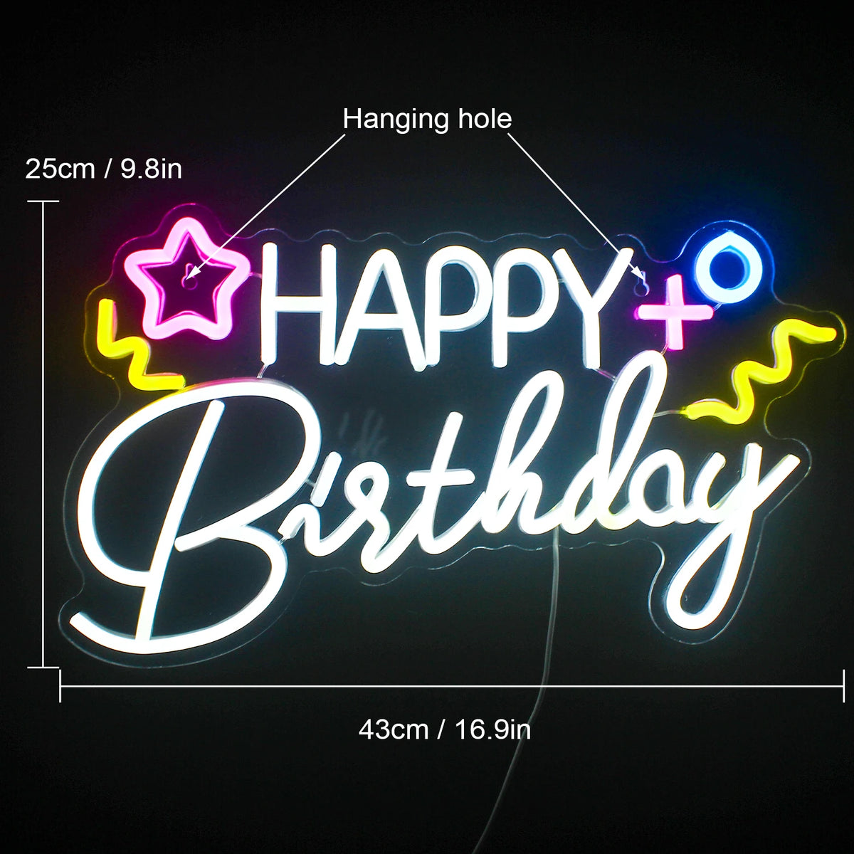 HAPPY Birthday – Tähti ja värikkäät symbolit – LED-neonkyltti (5 V USB)