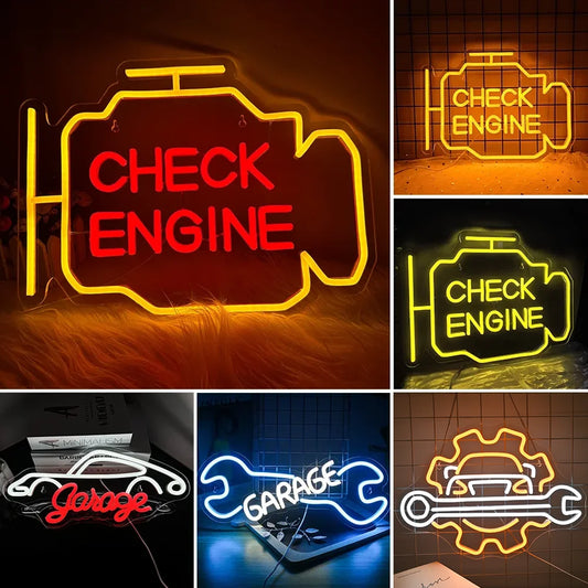 The image displays a vibrant LED neon sign in the shape of a "Check Engine" symbol.