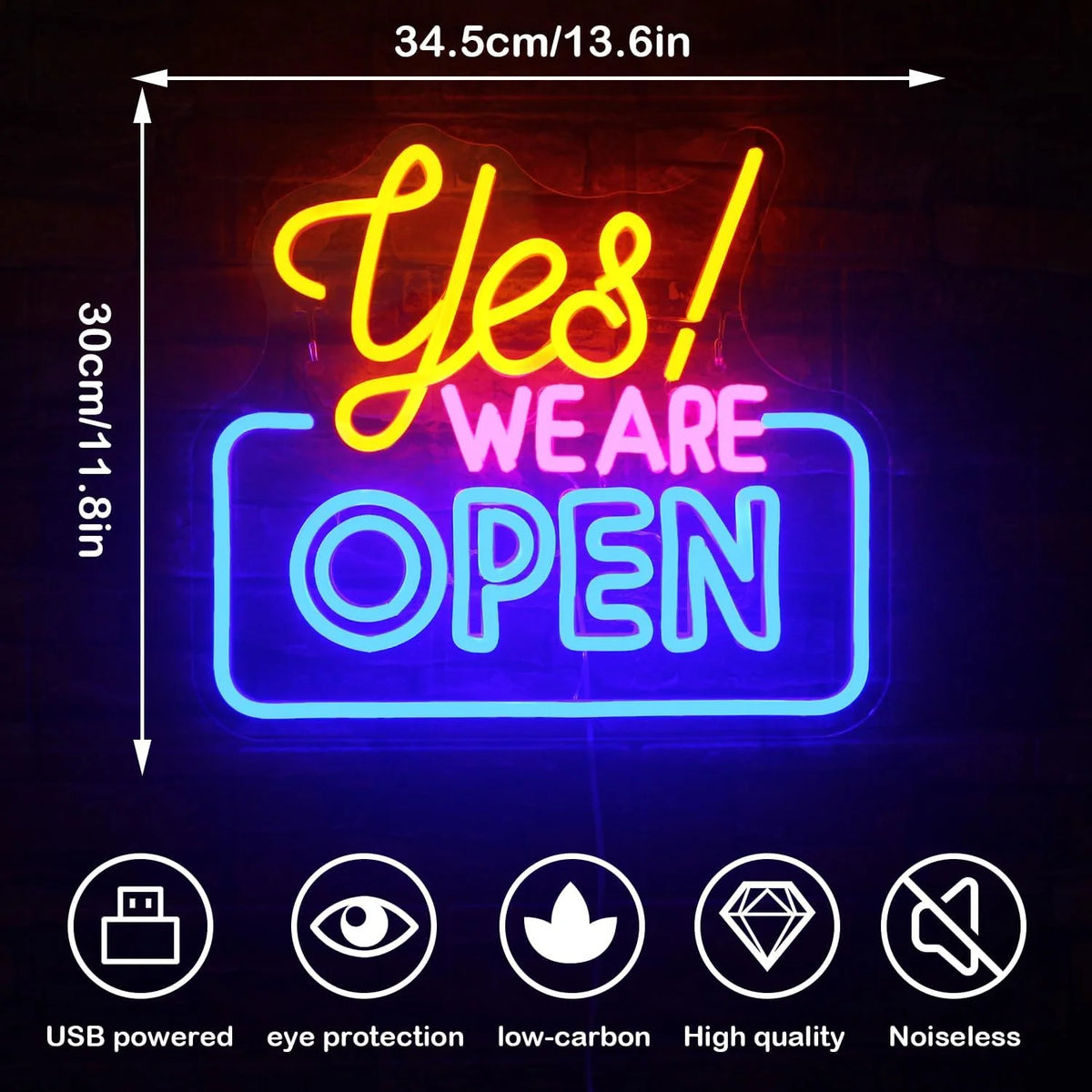 “Yes We Are Open” (suorakaidekehys) – LED-neonkyltti (5 V USB)