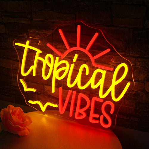Tropical VIBES – Sol och fåglar – LED-neonskylt (5 V USB)