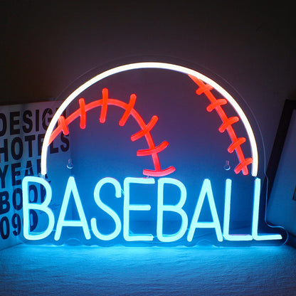 A vibrant Baseball LED Neon Sign glowing in a mix of bright white and red colors.