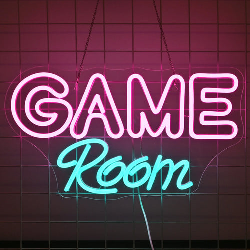 The image features a vibrant "Game Room" LED neon sign.