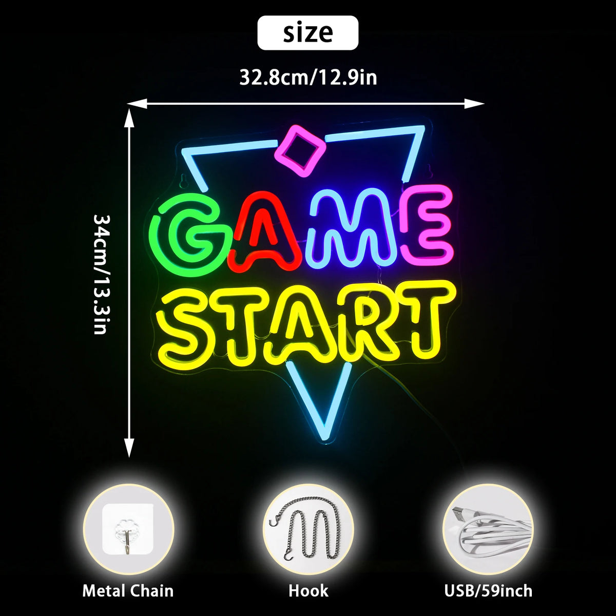 GAME START – Kolmio ja pieni vinoneliö – LED-neonkyltti (5 V USB)