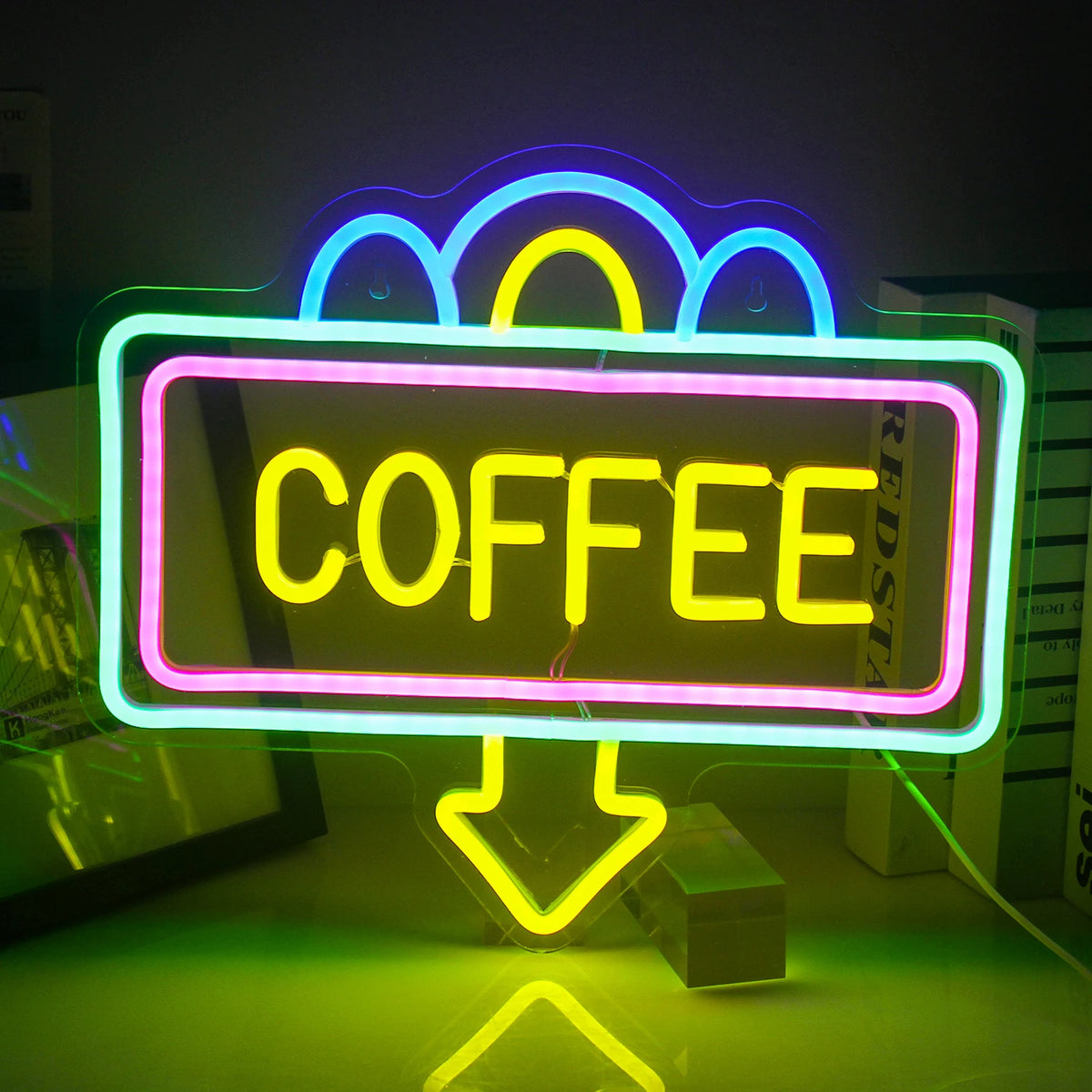 COFFEE – Suorakaidekehys ja alaspäin osoittava nuoli – LED-neonvalomainos (5 V USB)