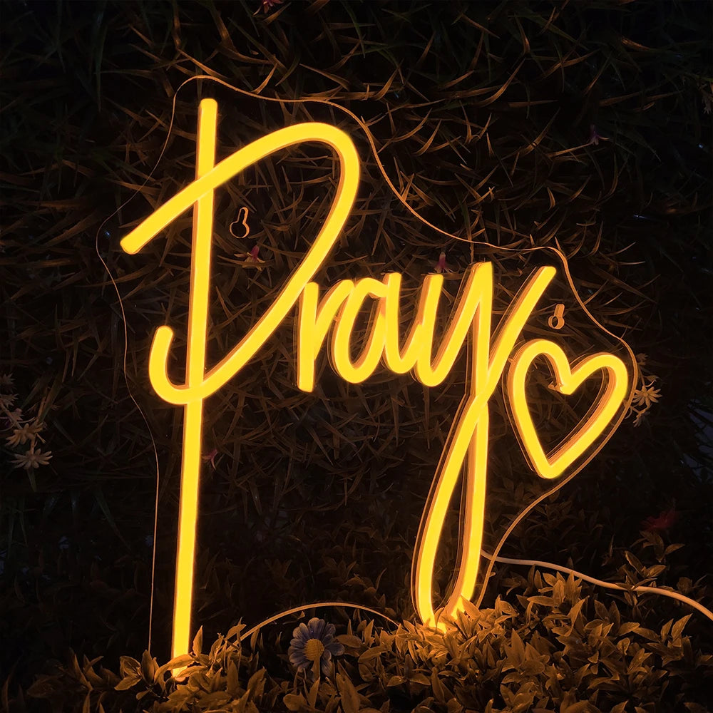 Pray – Sydän, kirkkokoriste – LED-neonkyltti (5 V USB)