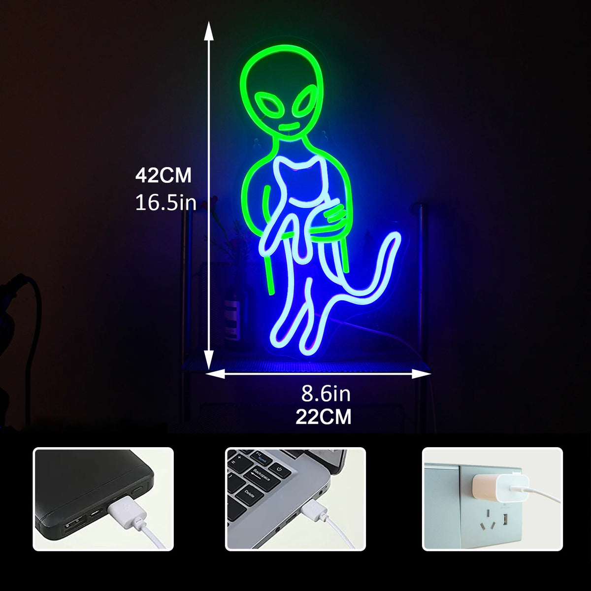 Vihreä avaruusolento – LED-neonkyltti (5 V USB)
