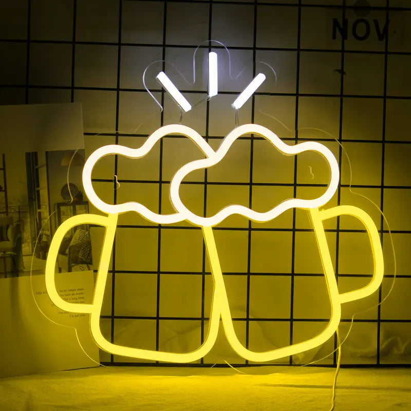 A vibrant LED neon sign shaped like a tall, foaming glass of beer.