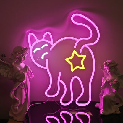 The image shows a cat-shaped LED neon sign emitting a warm, yellow glow.