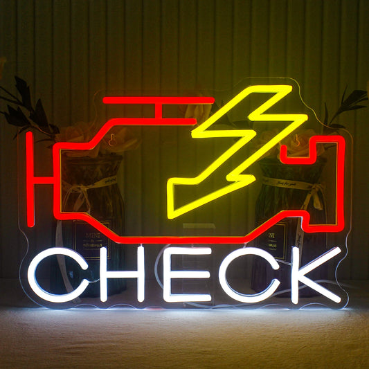 A vibrant LED neon sign displaying the words "Check Engine" in bold, attention-grabbing lettering.