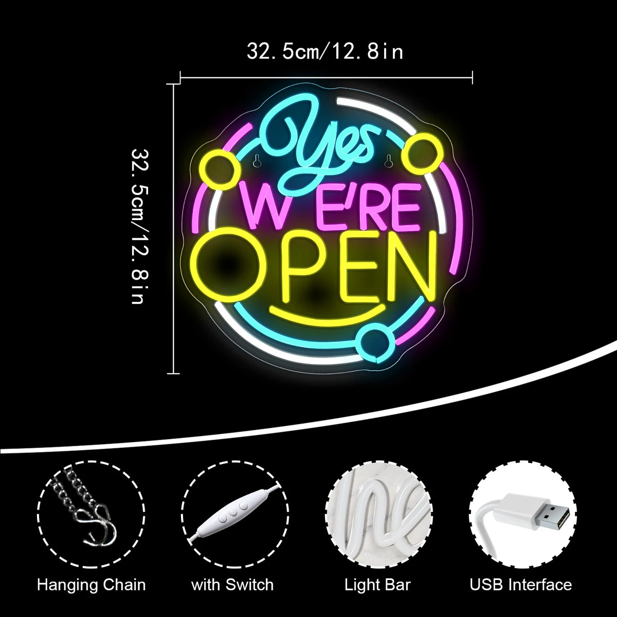 Yes We're Open – Pyöreä kehys – LED-neonvalomainos (5 V USB)