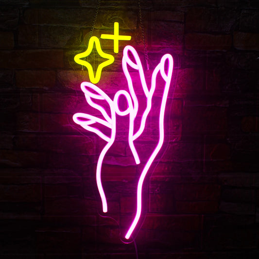 The image features a vibrant yellow LED neon sign in the shape of a five-pointed star.