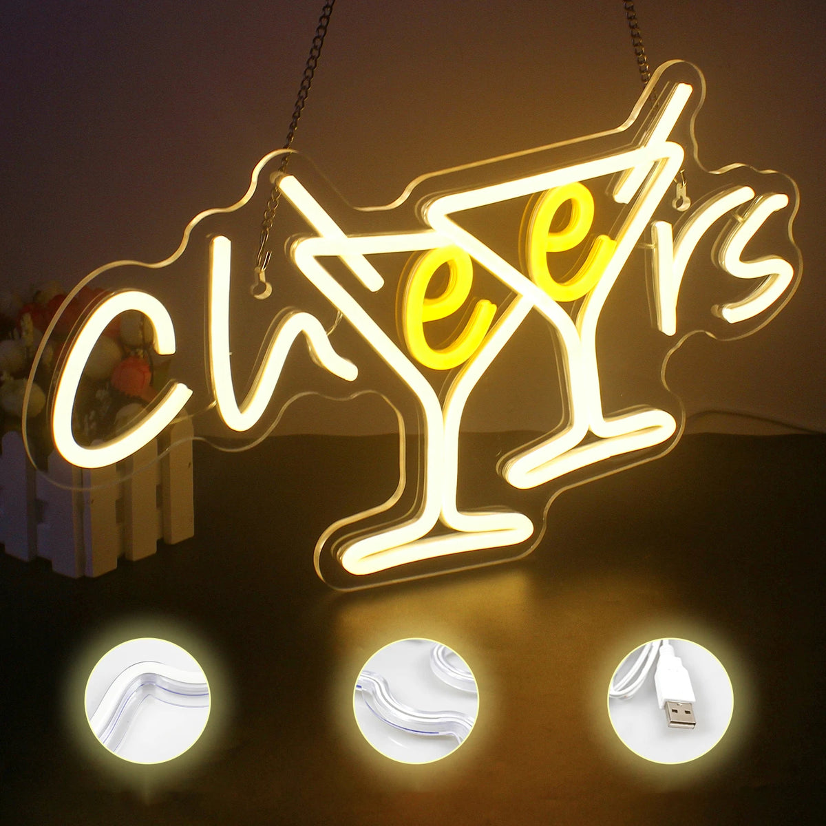 Cheers – Kippistävät cocktaillasit – LED-neonkyltti (5 V USB)