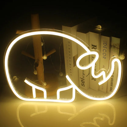 A vibrant LED neon sign in the shape of a rhino, glowing in shades of brilliant white and soft blue.