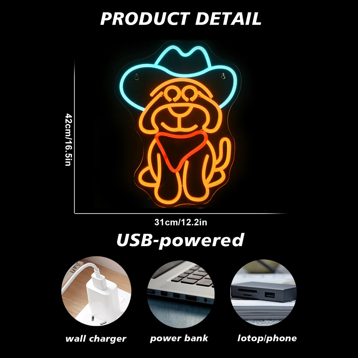 Koira cowboyhatussa – LED-neonkyltti (5 V USB)