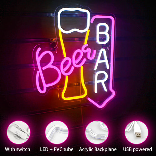 Beer BAR – Olutlasi ja alaspäin osoittava nuoli – LED-neonvalomainos (5 V USB)