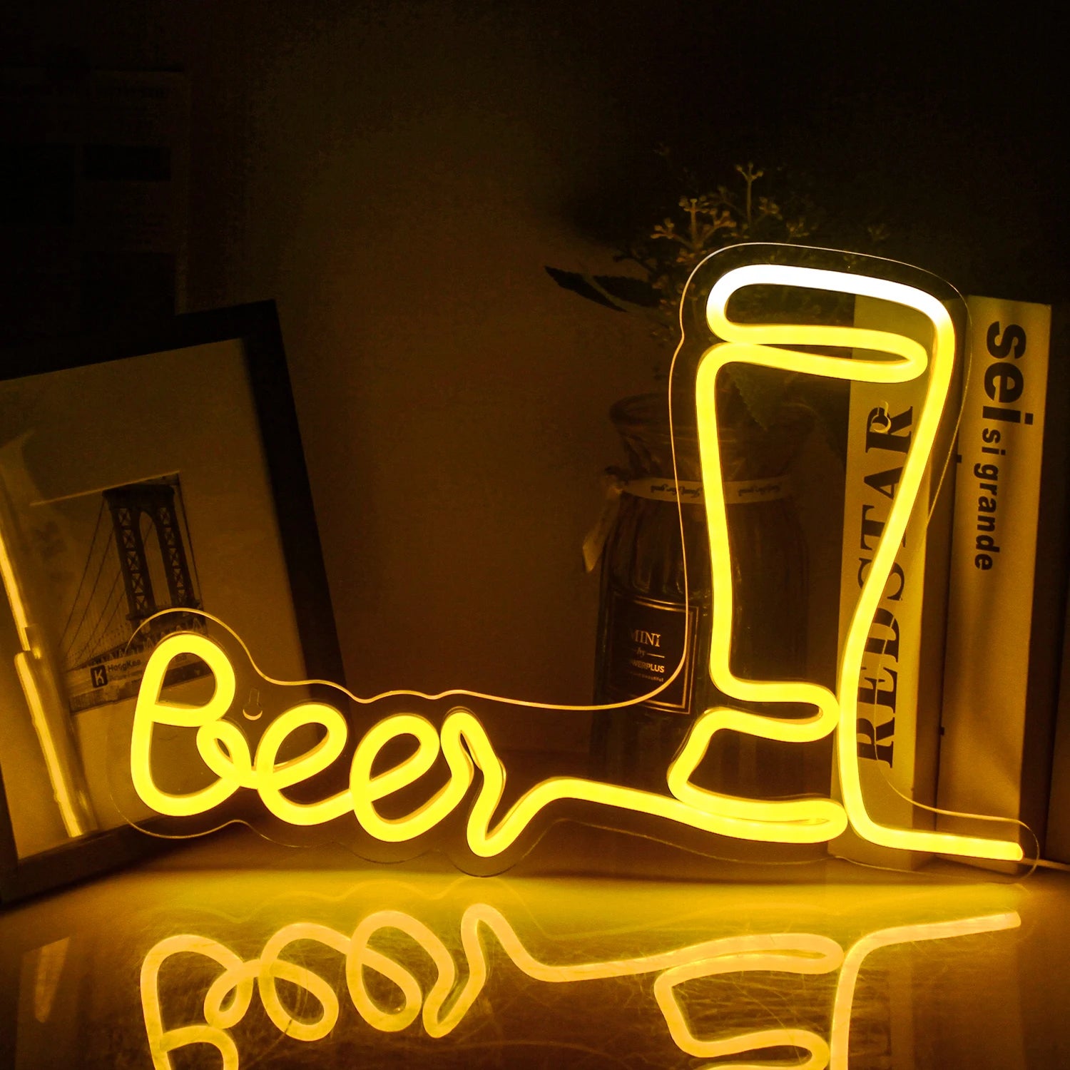 The image showcases a vibrant Beer LED Neon Sign glowing in a cheerful amber hue.