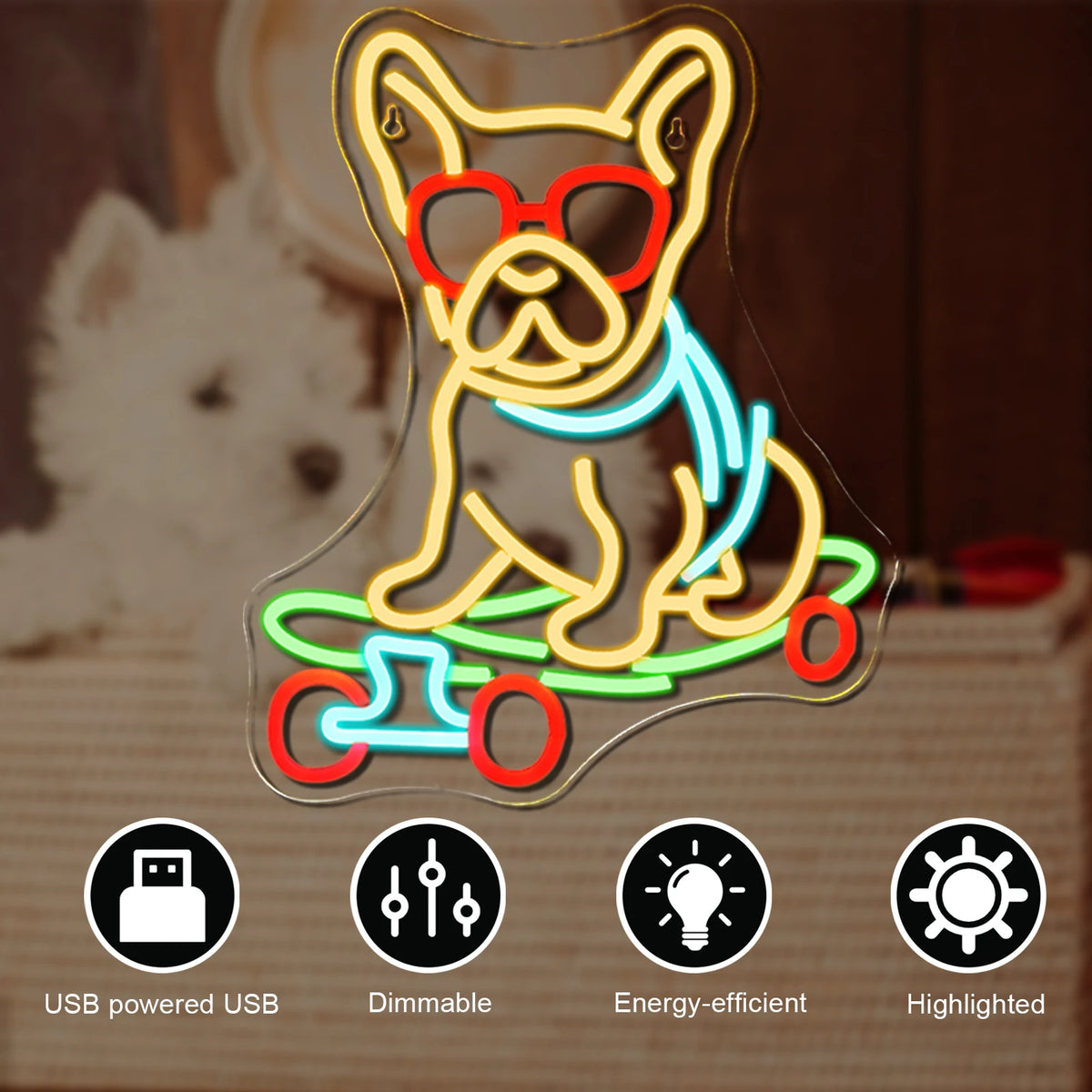 Rullalautaileva koira – LED-neonkyltti (5 V USB)