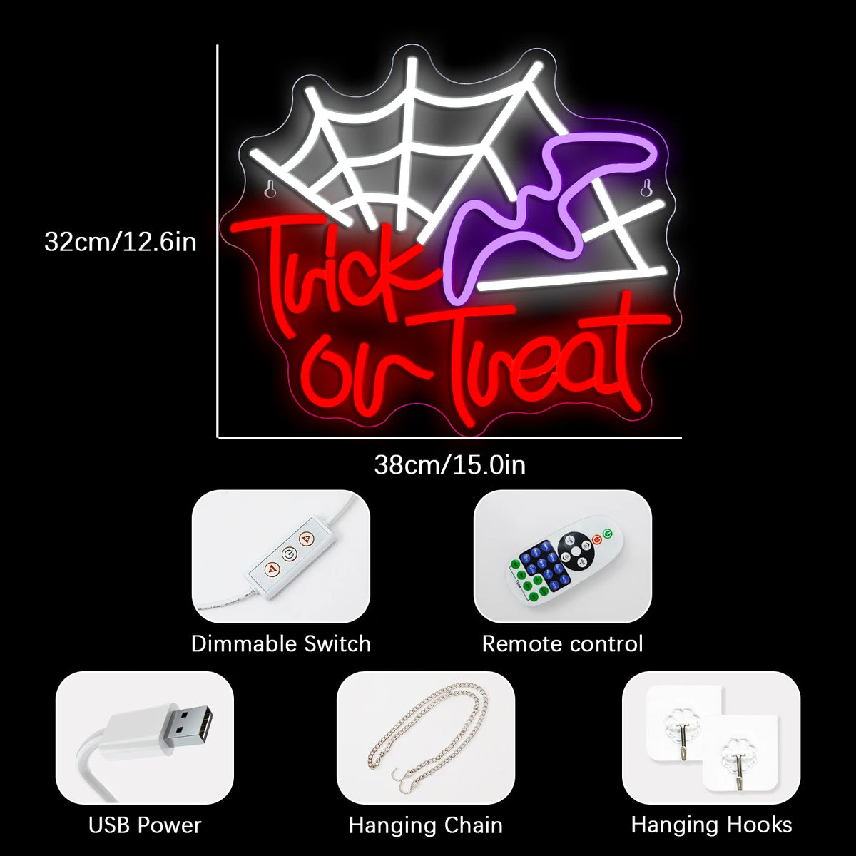 Trick or Treat – Hämähäkinseitti ja noidanhattu – LED-neonkyltti (5 V USB)