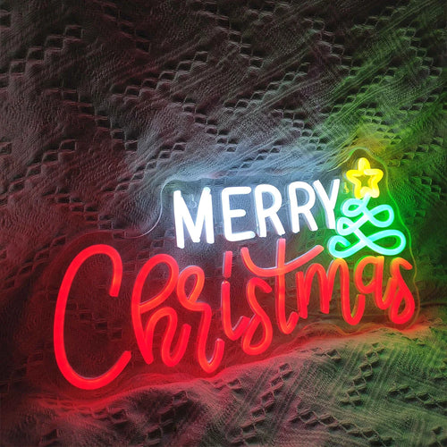 Merry Christmas – Joulukuusi ja tähti – LED-neonkyltti (5 V USB)