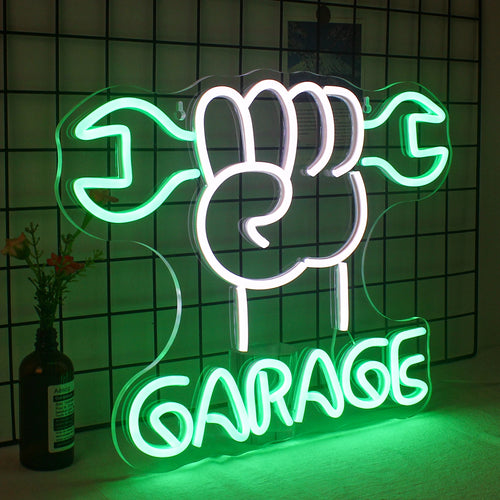GARAGE – Hand som håller en skiftnyckel – LED-neonskylt (5 V USB)