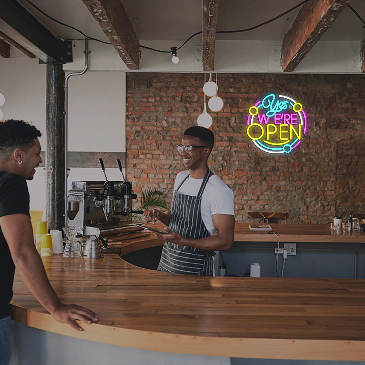 Yes We're Open – Pyöreä kehys – LED-neonvalomainos (5 V USB)