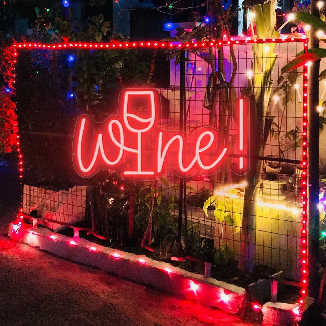 Wine – Viinilasi i-kirjaimen tilalla – LED-neonvalomainos (5 V USB)
