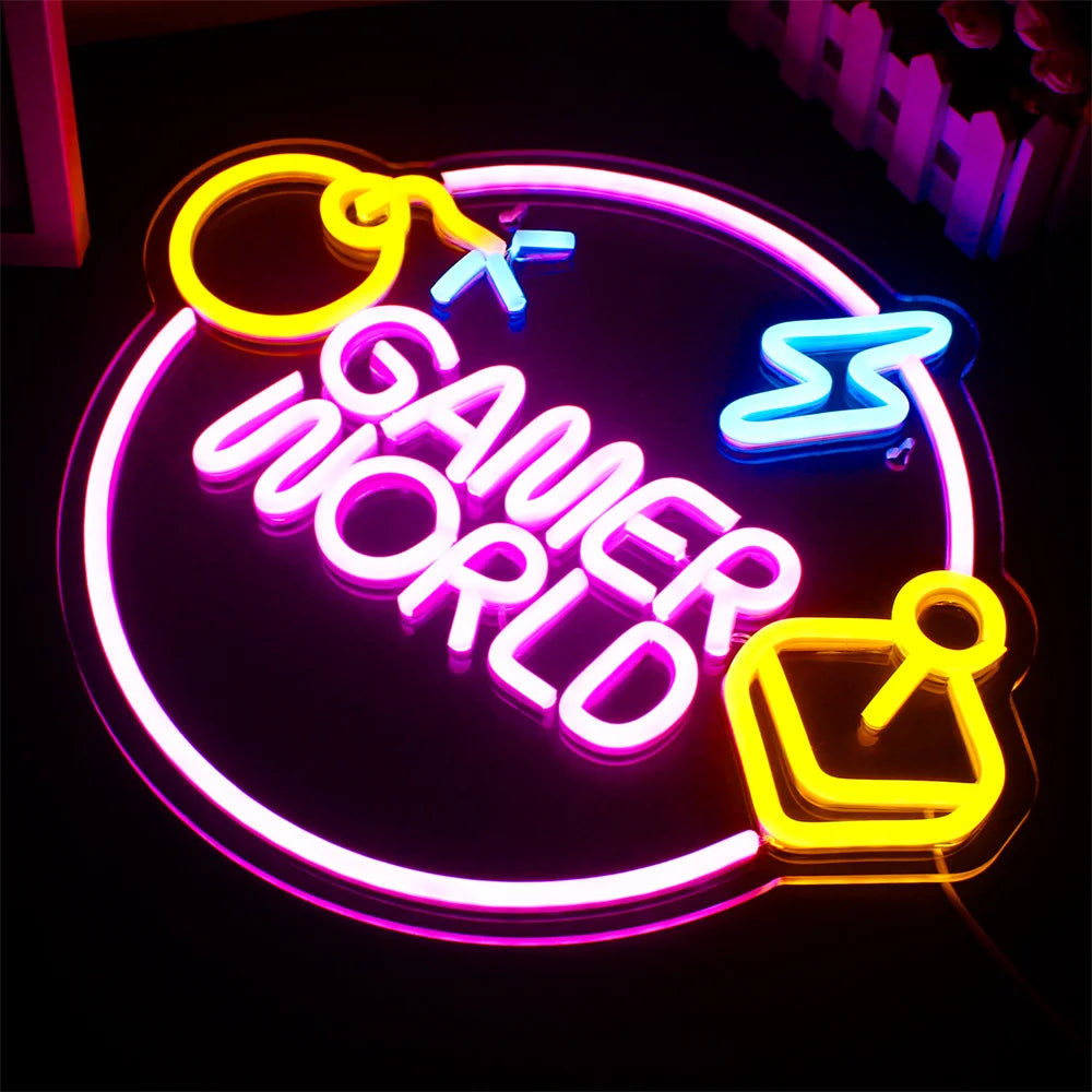 GAMER WORLD – Pommi, peliohjain ja salamaympyrä – LED-neonkyltti (5 V USB)