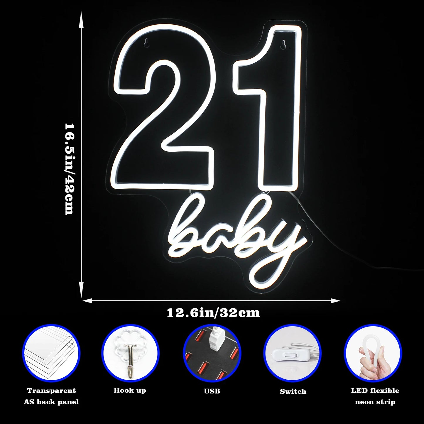 21 baby Happy Birthday 5V Mini USB LED Neon Sign - Budget Friendly