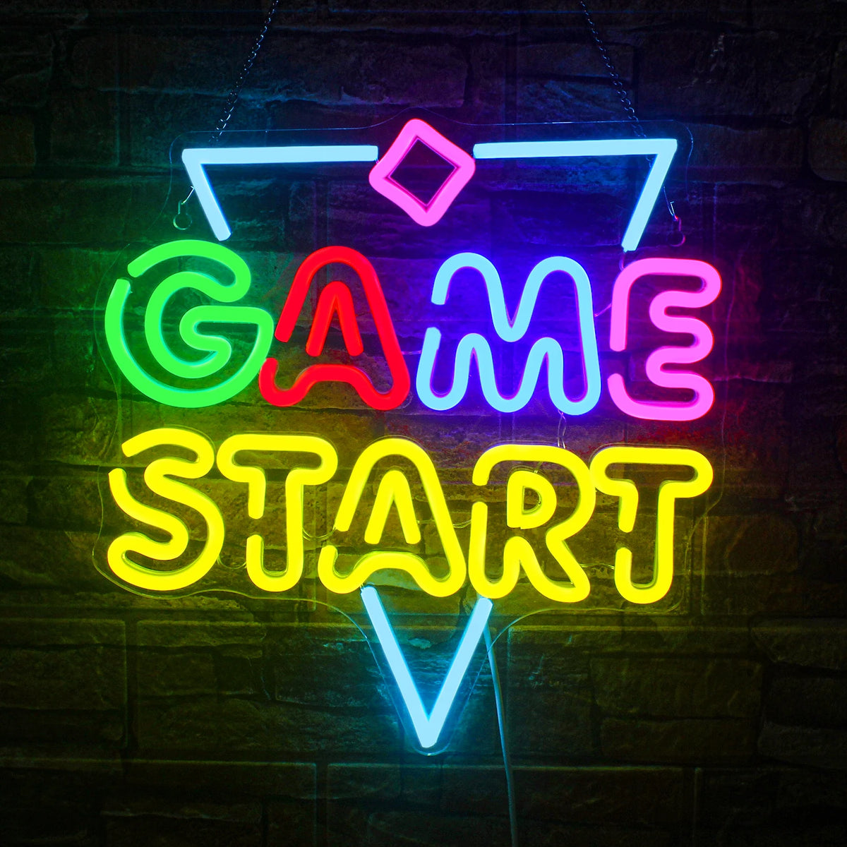 Kuvassa on eloisa "Game Start" LED-valokuva, joka säteilee kirkasta sähkösinistä valoa.