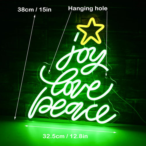joy love peace – Sanoista muodostettu joulukuusi ja tähti – LED-neonkyltti (5 V USB)