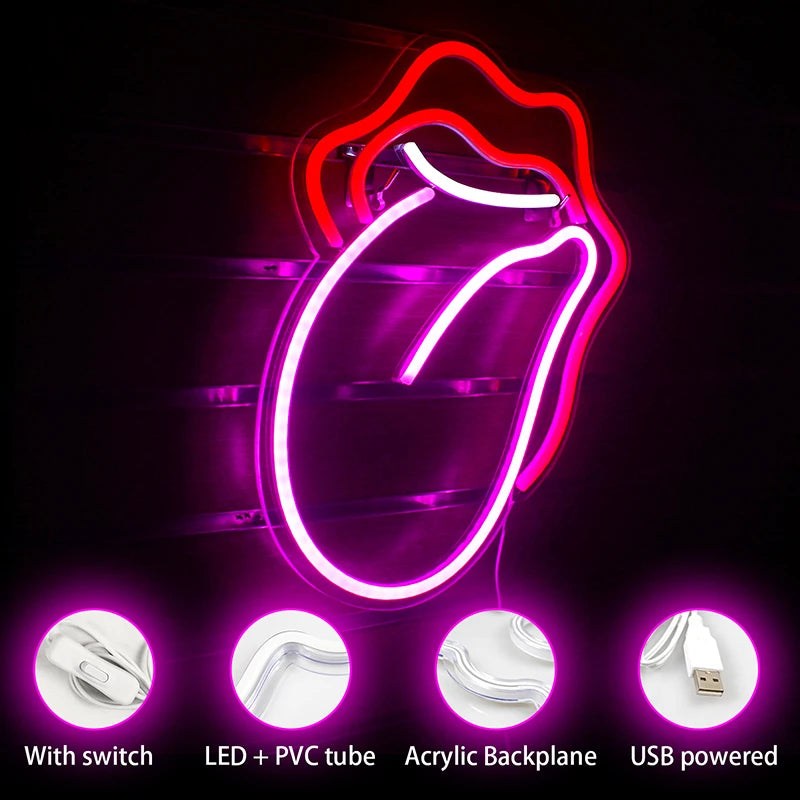 Sexy Flame Red Lips Big Tongue 5V Mini USB LED Neon Sign - Budget Friendly