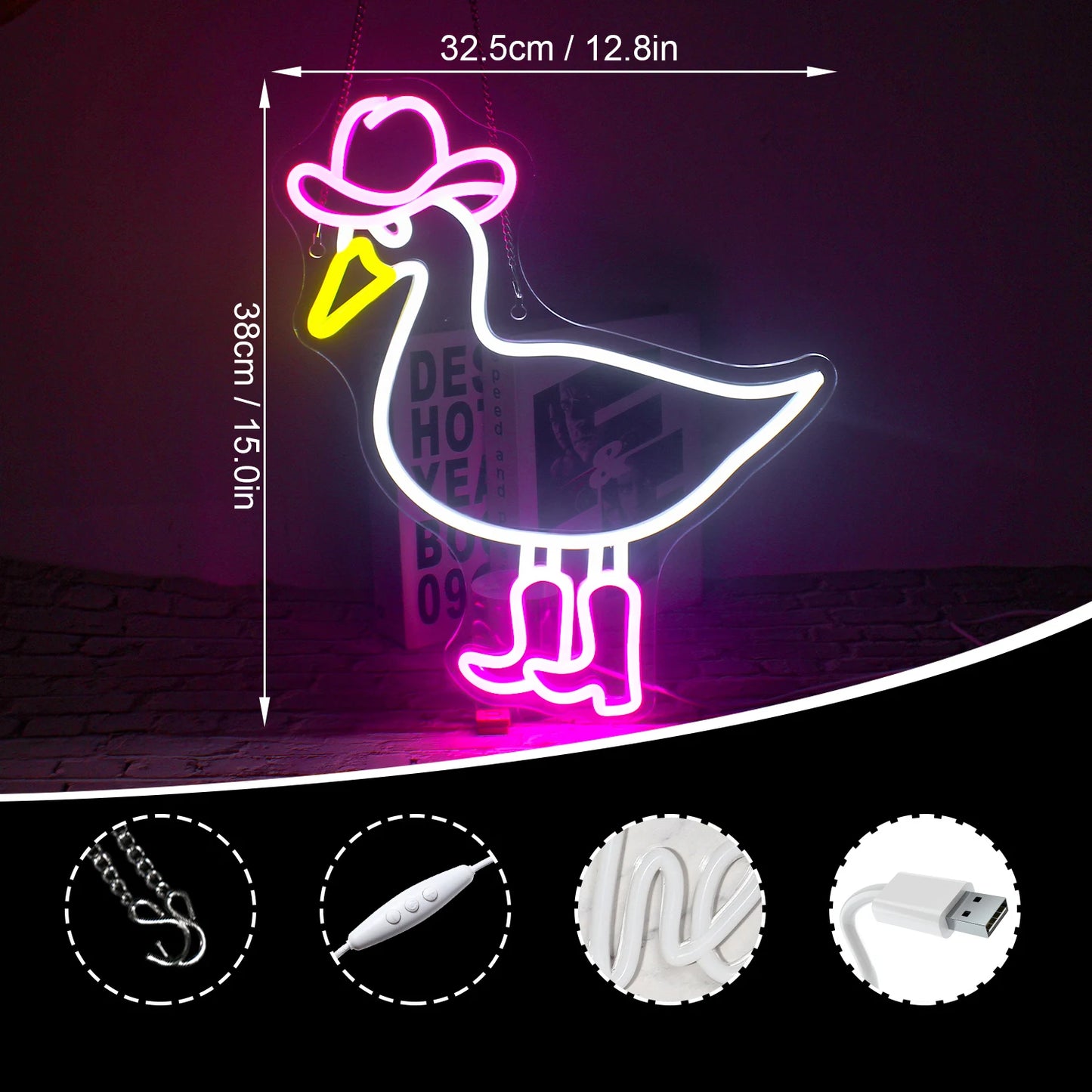 Pink White Cowboy Duck 5V Mini USB LED Neon Sign - Budget Friendly