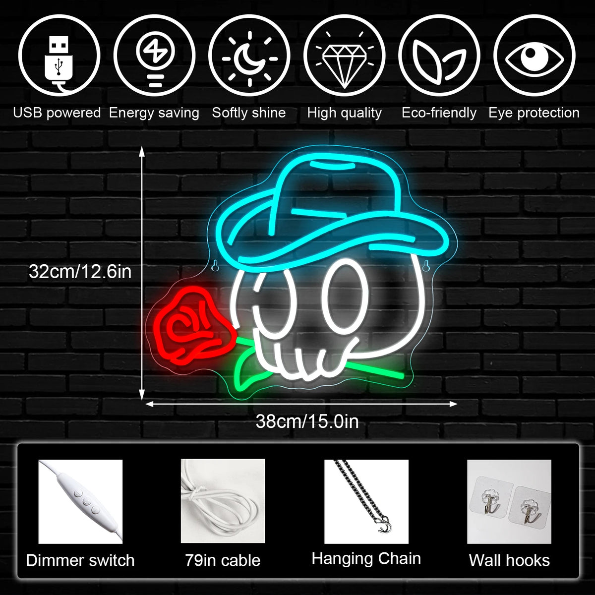 Cowboy-pääkallo ja ruusu – LED-neonkyltti (5 V USB)