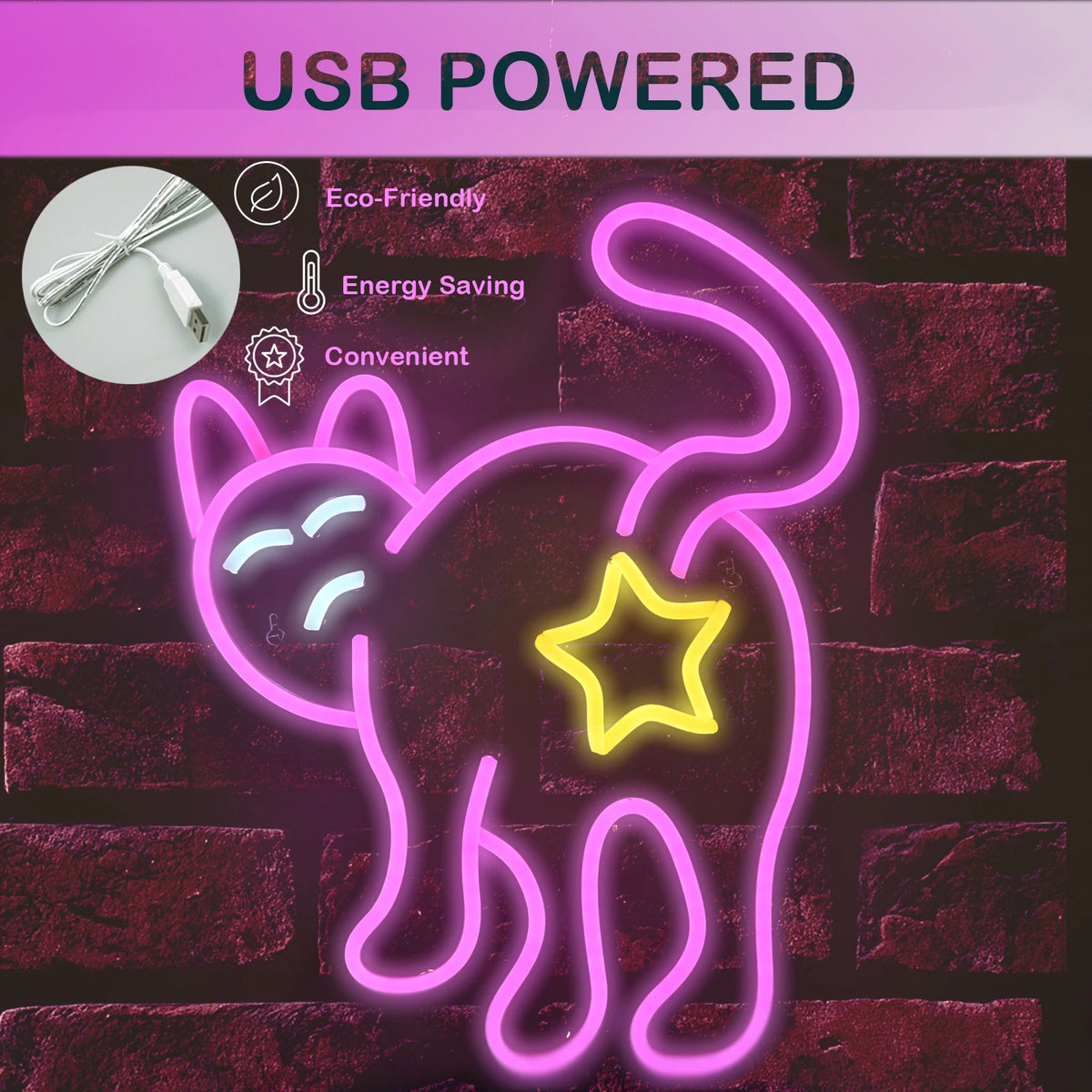 Kissa – LED-neonkyltti (5 V USB)