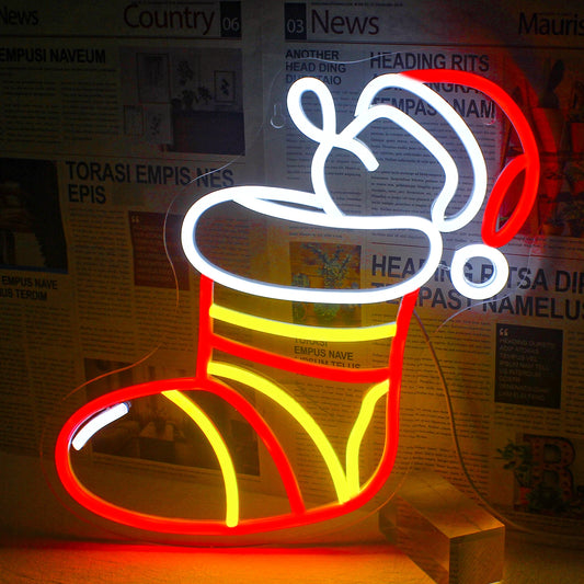 A vibrant LED neon sign depicting colorful Christmas socks.