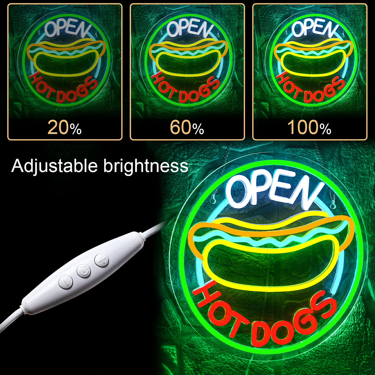 OPEN HOT DOGS – Hot dog – LED-neonvalomainos (5 V USB)